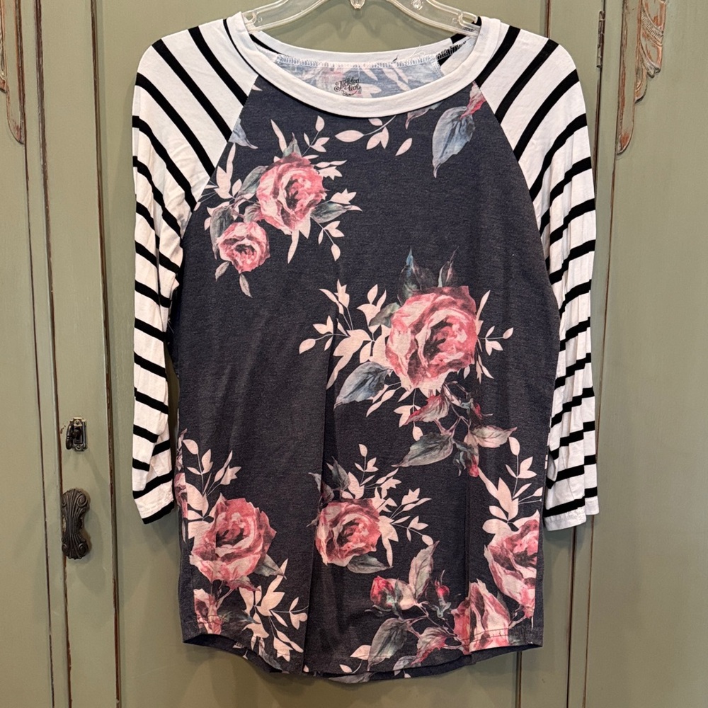 Tickled Teal Floral and Striped Long Sleeve raglan Top